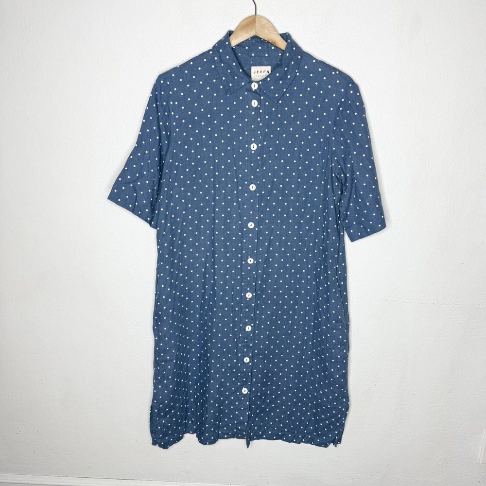 Off On Clothing Blue Polkadot Midi Shirtdress Minimalist Dress Pockets Womens